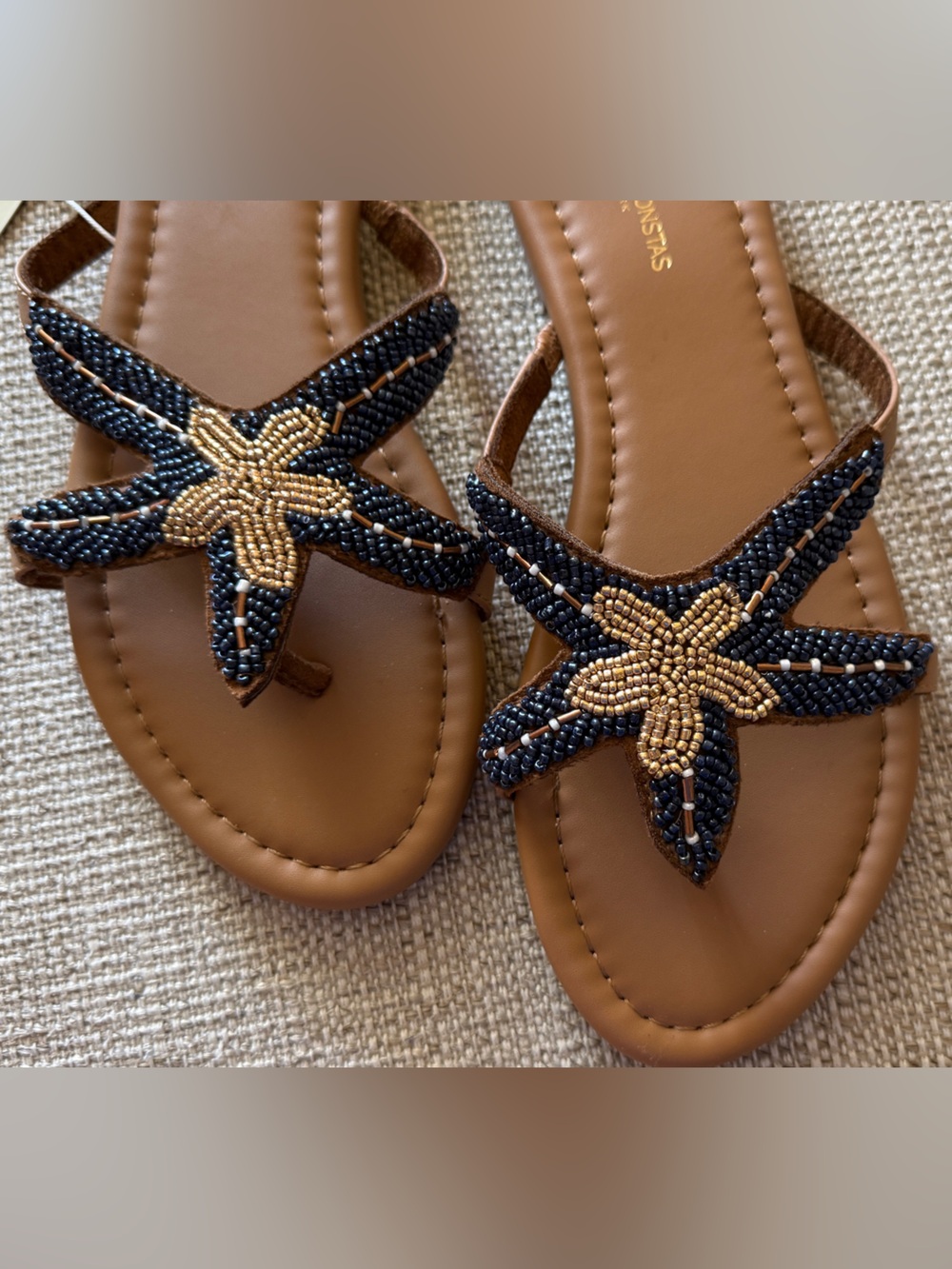 Caroline Constas Navy & Tan Starfish Beaded Flip Flop Beach Sandals